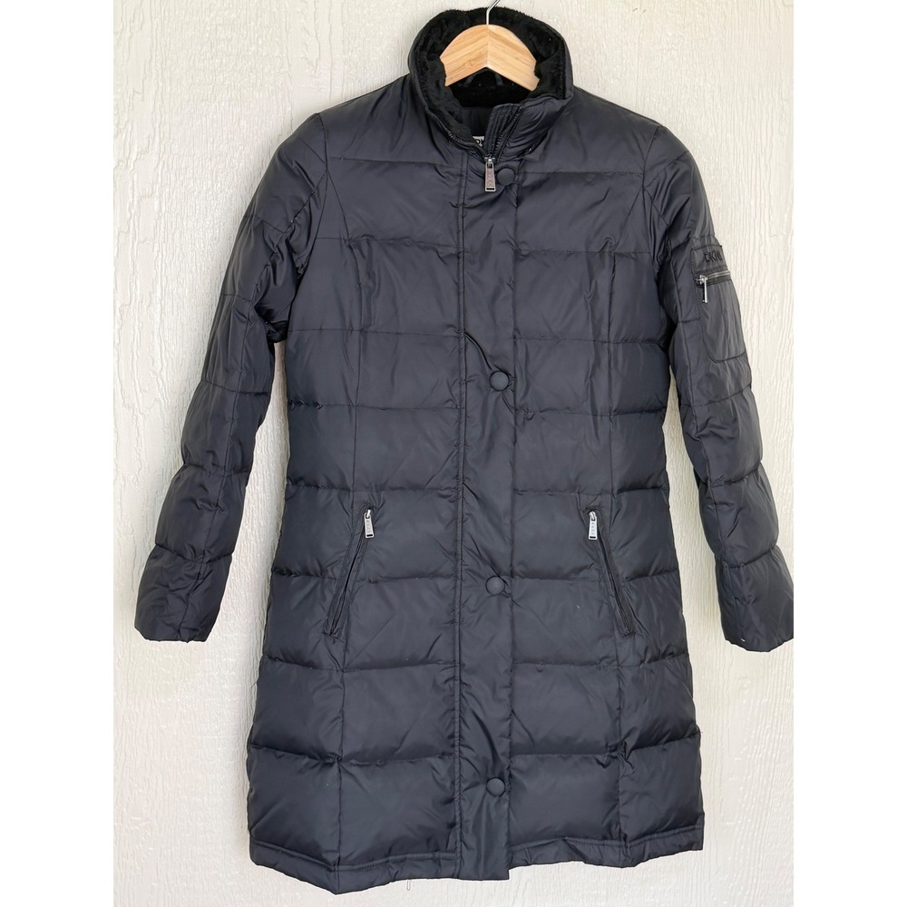 DKNY Womens Black Puffer Down Coat Faux Fur Trim Hood Winter Festival Small